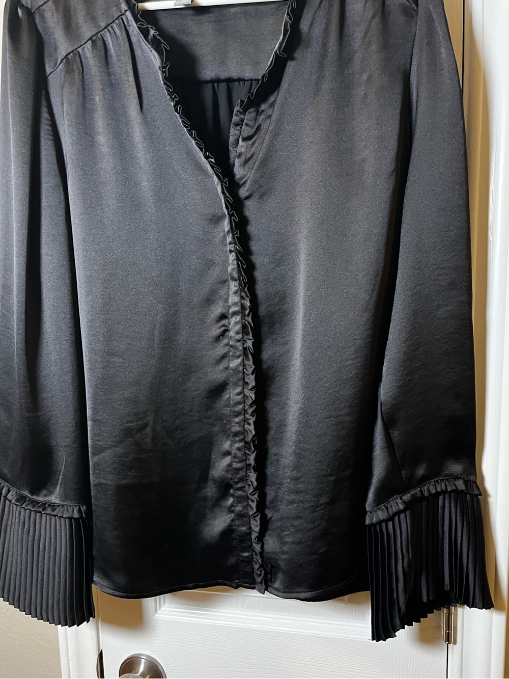 Worthington Black Satin Ruffle-Trim Blouse with Pleated Cuffs